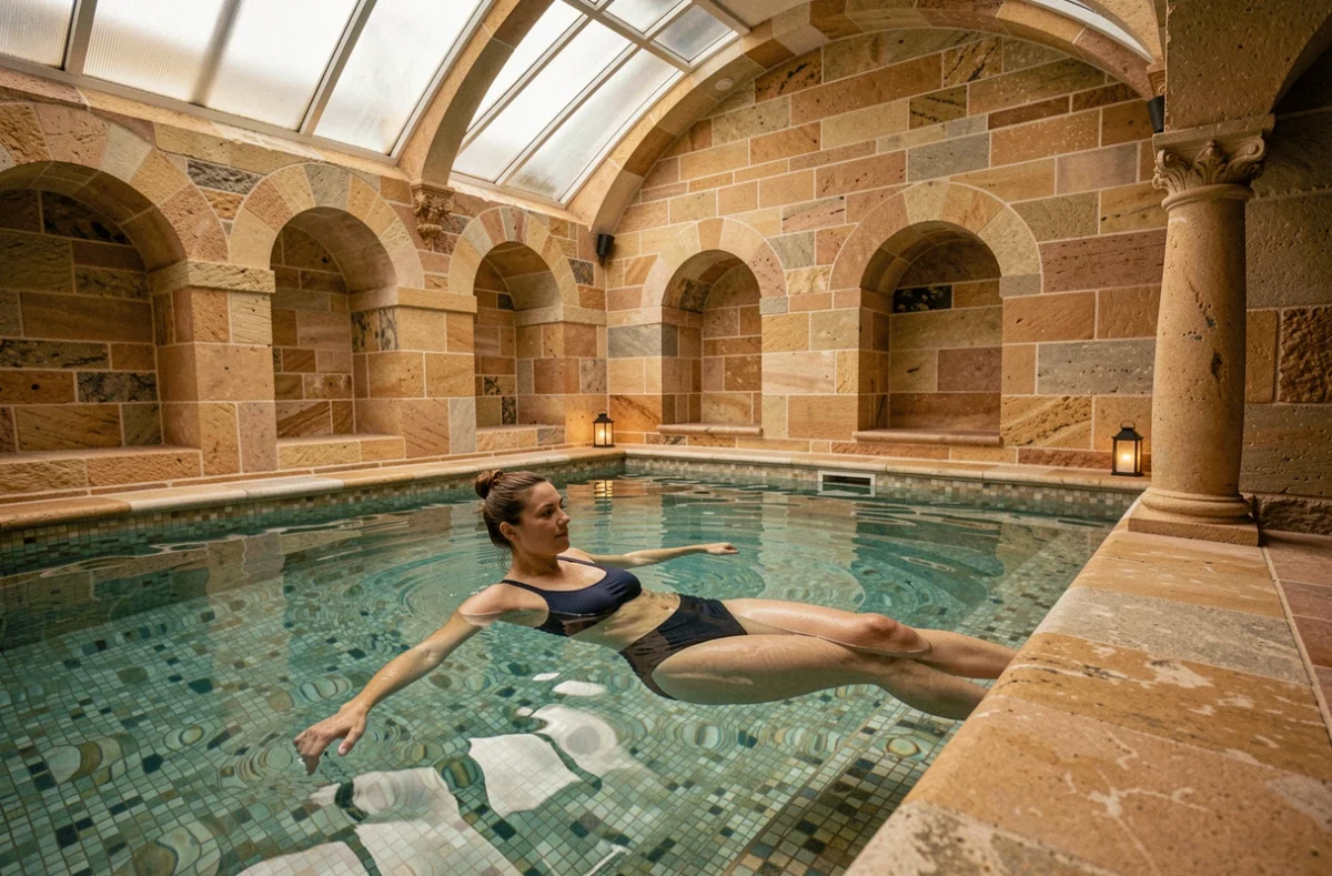 Femme flottant dans la piscine de thalassothérapie aux Thermes Marins de Saint-Malo avec architecture en granit breton