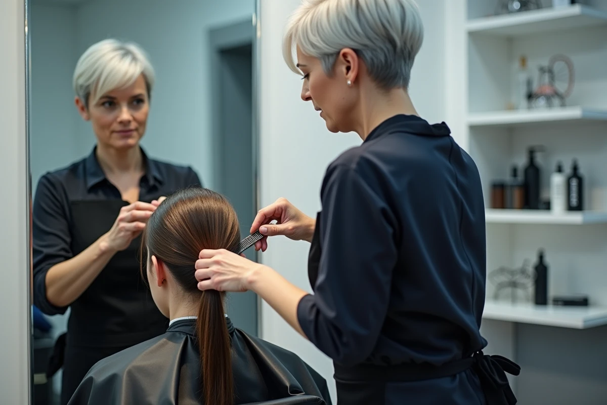 Coiffeuse professionnelle en train de transformer la coupe d'une cliente dans un salon moderne, reflet dans le miroir