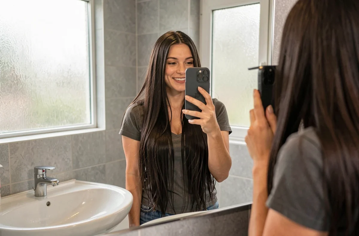 Femme photographiant sa transformation capillaire avec des extensions dans une salle de bain, cheveux longs et volumineux