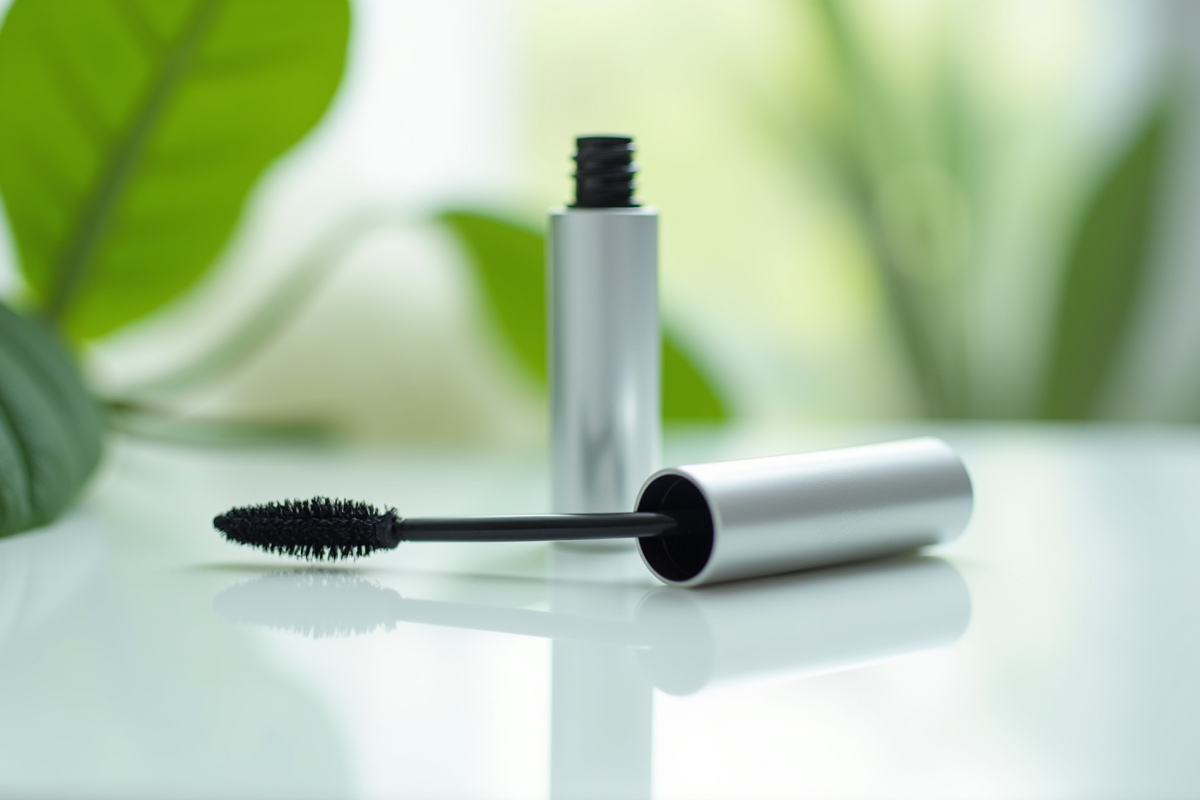 Tube de mascara ouvert avec brosse sur une table lumineuse entourée de feuilles vertes