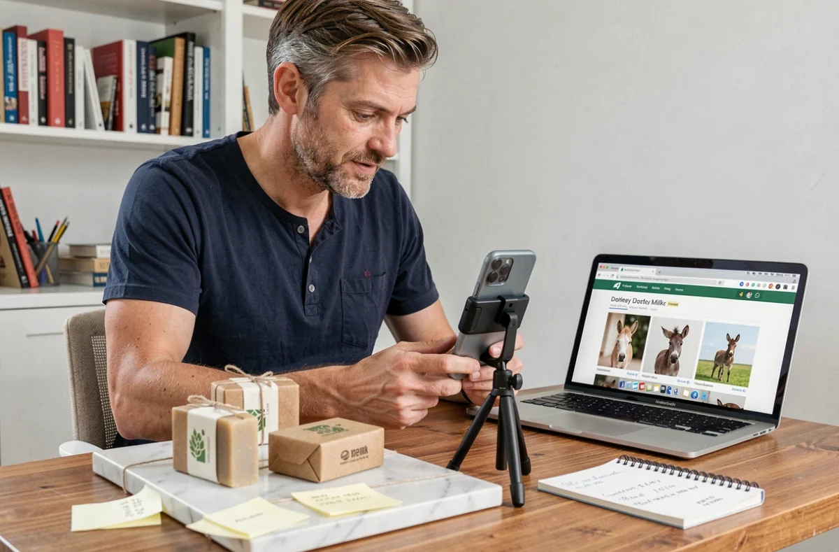 Entrepreneur photographiant ses savons au lait d'ânesse artisanaux pour les vendre en ligne depuis son bureau