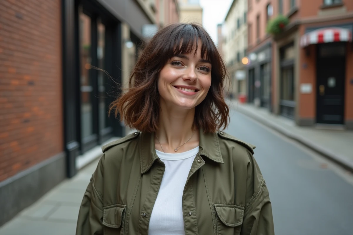 Femme avec une coupe wolf cut féminine texturée et des bangs rideaux, en extérieur dans une rue urbaine