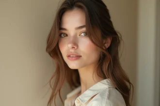 Portrait en gros plan d'une jeune femme aux yeux marron verts avec détail de l'iris visible, photographie éditoriale réaliste